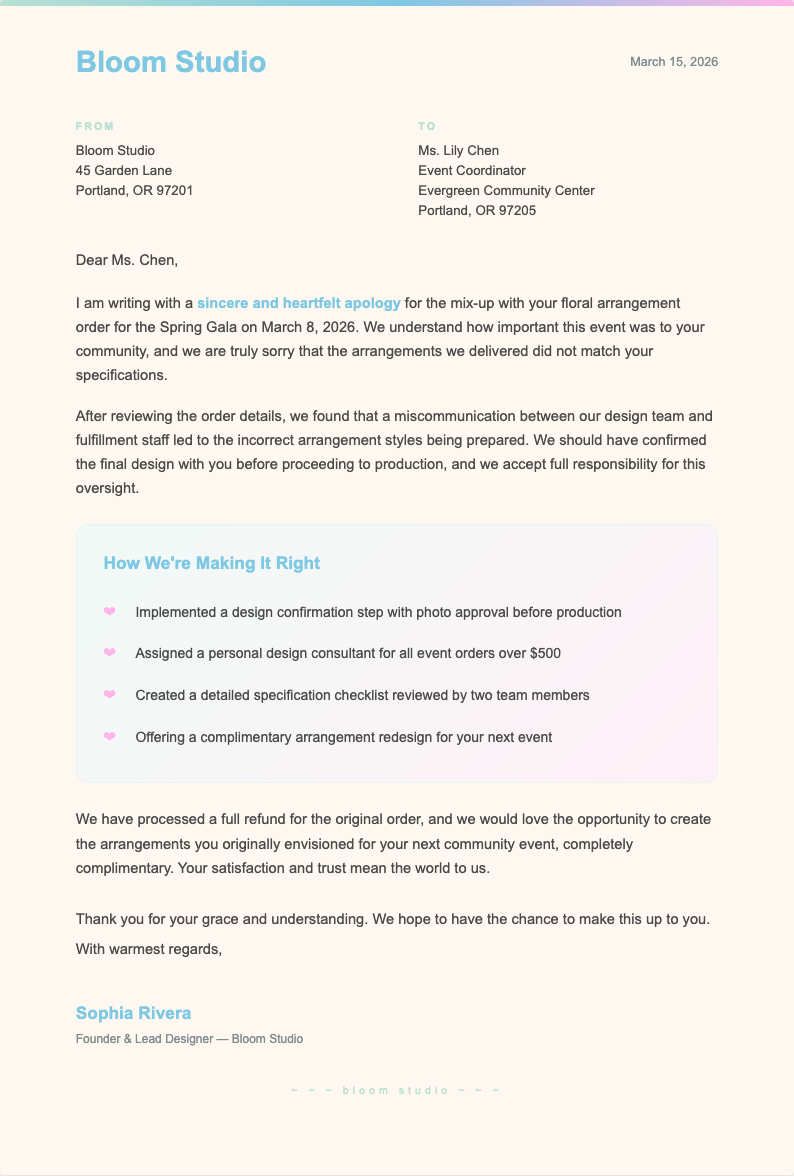 Soft organic apology letter